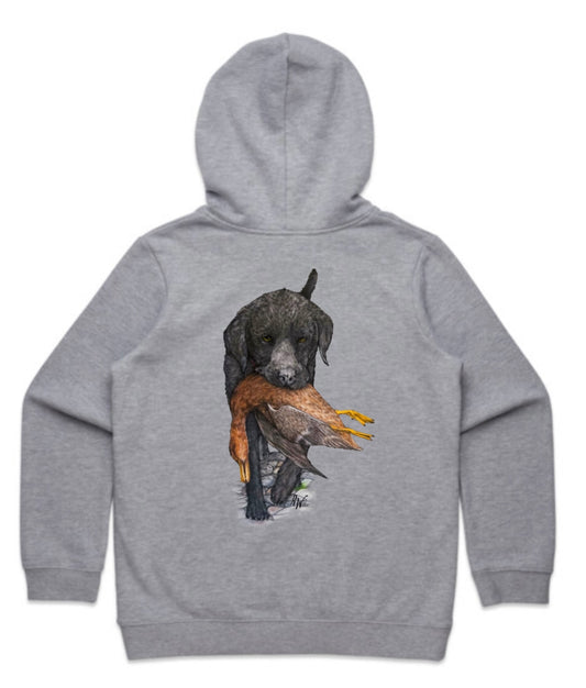 Kids Black Lab Carrying Mallard Hoodie
