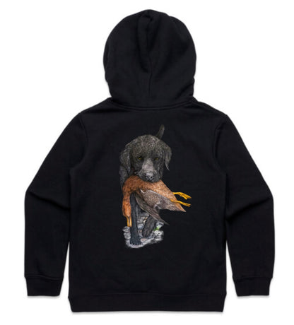 Kids Black Lab Carrying Mallard Hoodie