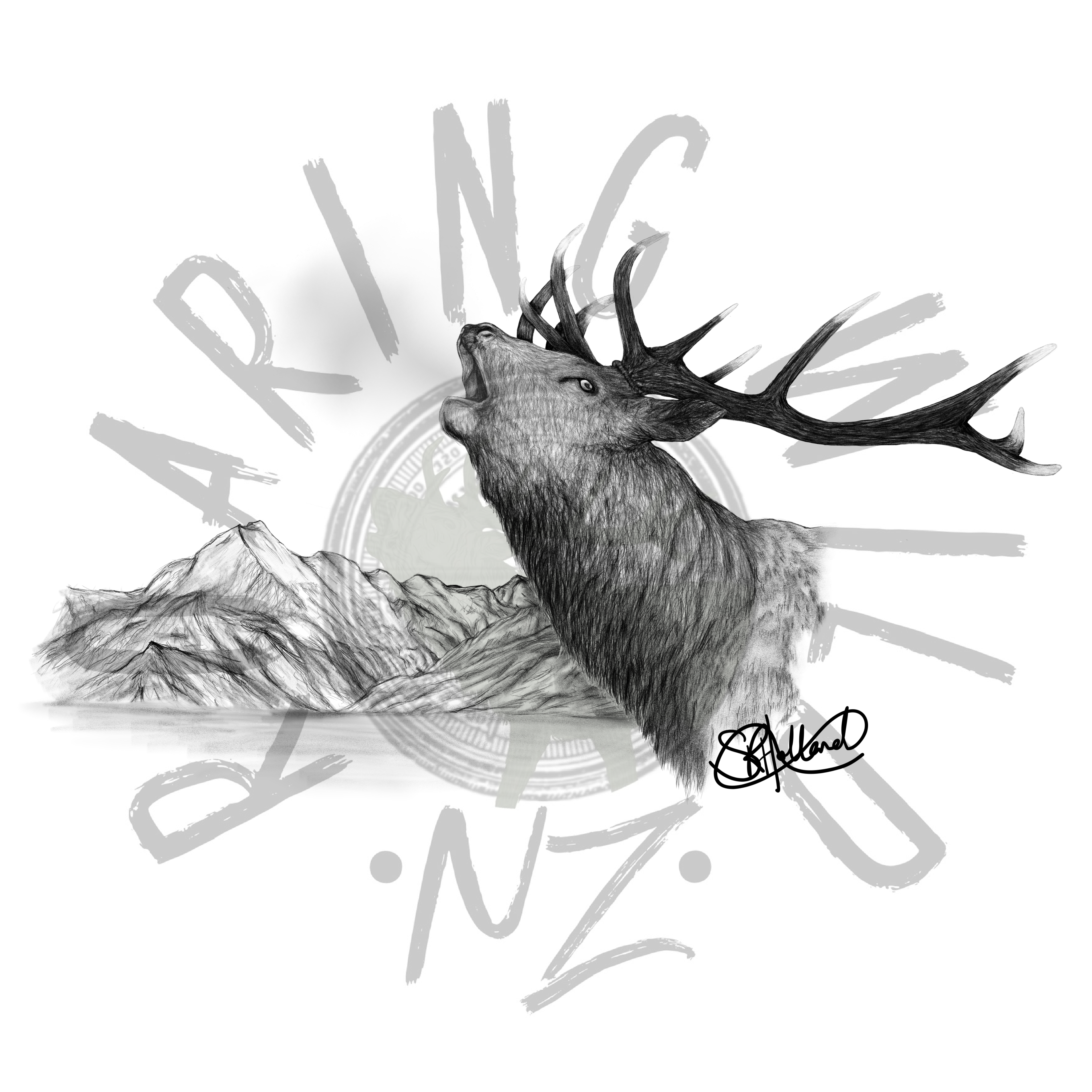 Roaring red stag with mountain range original print – Roaring Wild NZ Ltd