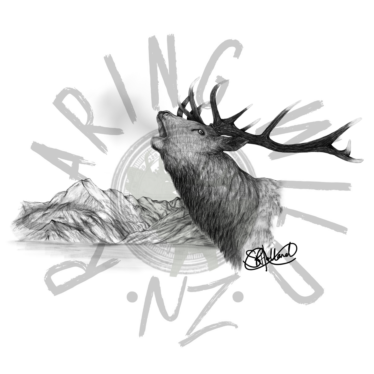 Roaring red stag with mountain range original print