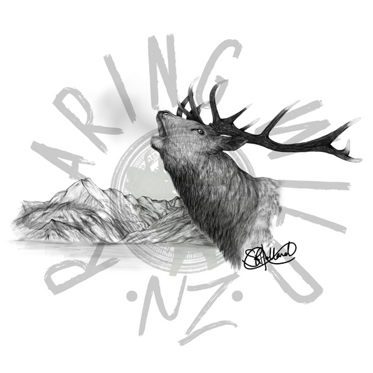 Roaring red stag with mountain range original print