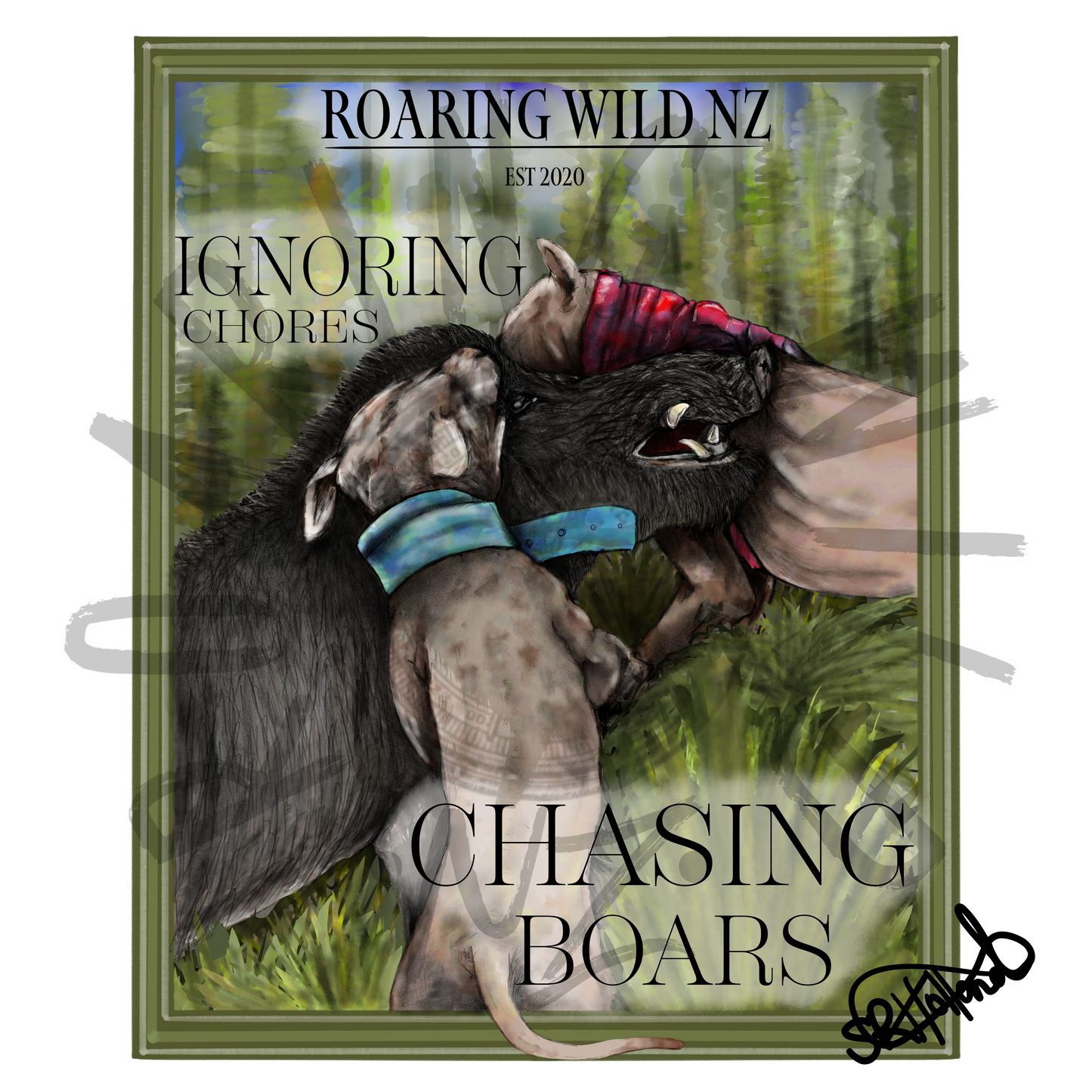Ignoring Chores, Chasing Boars original print
