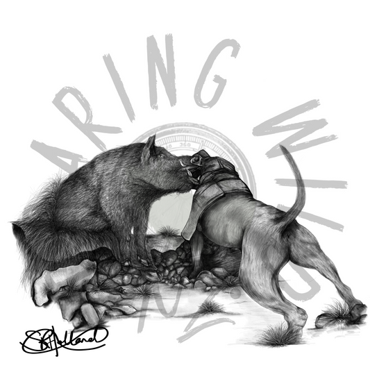 Black and White Dog Bailing Boar original print