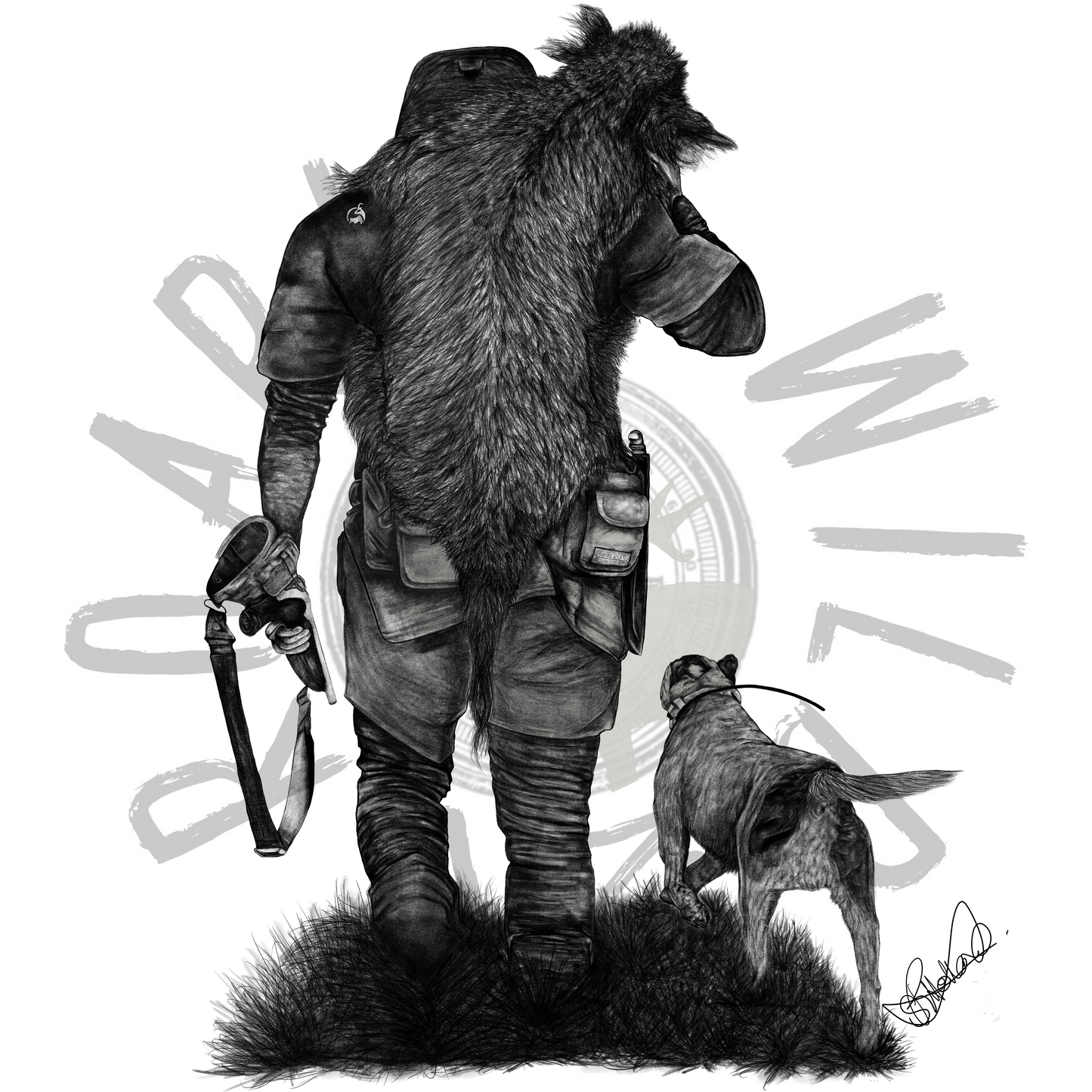 Pig Hunter and his Dog original print